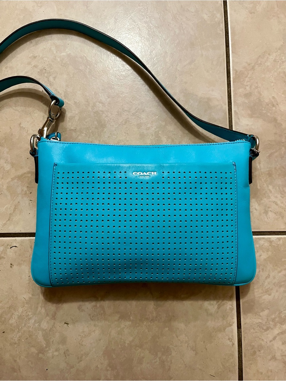 COACH Legacy Perforated Leather EW Swingpack Crossbody Bag Turquoise Robin Blue